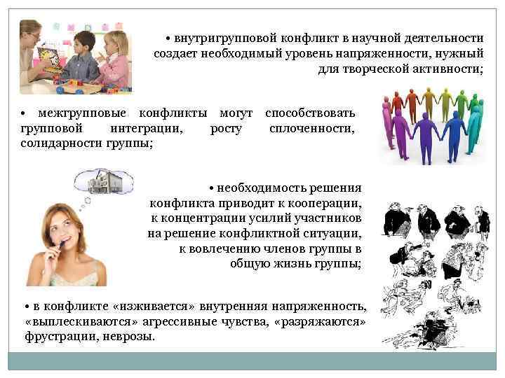  • внутригрупповой конфликт в научной деятельности создает необходимый уровень напряженности, нужный для творческой