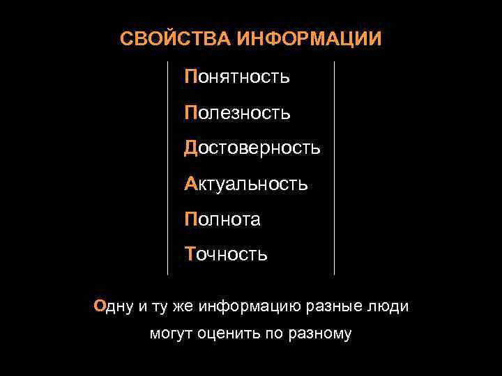 СВОЙСТВА ИНФОРМАЦИИ Понятность Полезность Достоверность Актуальность Полнота Точность Одну и ту же информацию разные