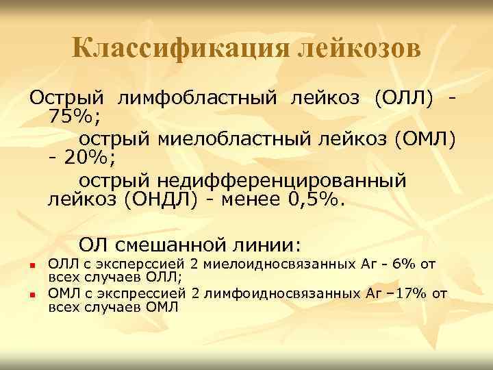 Классификация лейкозов Острый лимфобластный лейкоз (ОЛЛ) 75%; острый миелобластный лейкоз (ОМЛ) - 20%; острый