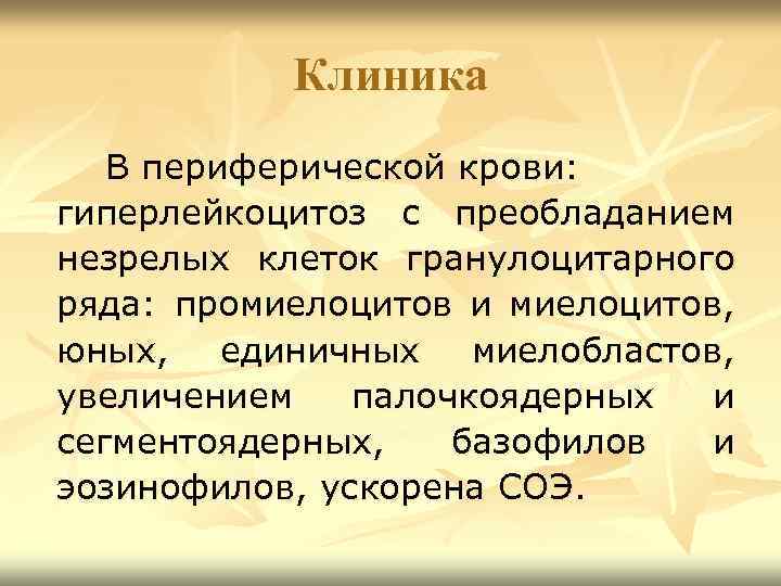 Клиника В периферической крови: гиперлейкоцитоз с преобладанием незрелых клеток гранулоцитарного ряда: промиелоцитов и миелоцитов,