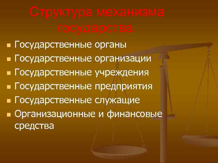 Структура механизма государства. n n n Государственные органы Государственные организации Государственные учреждения Государственные предприятия