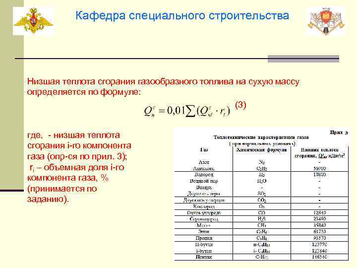 Кафедра специального строительства Низшая теплота сгорания газообразного топлива на сухую массу определяется по формуле:
