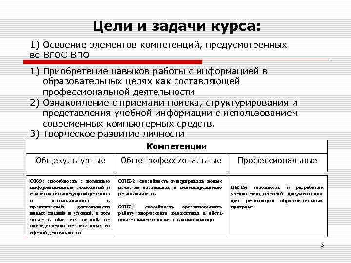 Цели и задачи курса: 1) Освоение элементов компетенций, предусмотренных во ВГОС ВПО 1) Приобретение