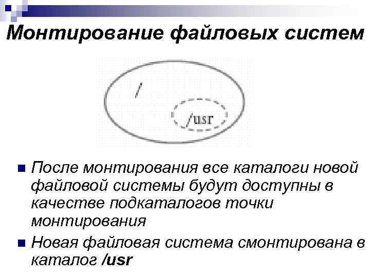Монтирование файловых систем После монтирования все каталоги новой файловой системы будут доступны в качестве