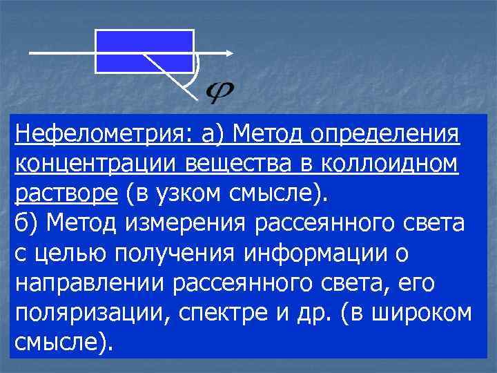 Нефелометрия: а) Метод определения концентрации вещества в коллоидном растворе (в узком смысле). б) Метод