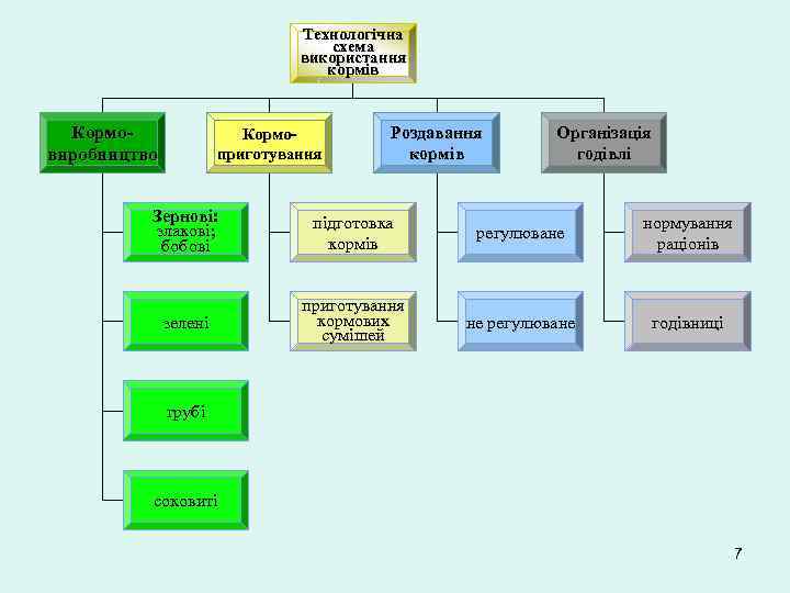 Технологічна схема використання кормів Кормовиробництво Кормоприготування Роздавання кормів Організація годівлі Зернові: злакові; бобові підготовка