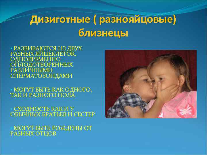 Дизиготные ( разнояйцовые) близнецы • РАЗВИВАЮТСЯ ИЗ ДВУХ РАЗНЫХ ЯЙЦЕКЛЕТОК, ОДНОВРЕМЕННО ОПЛОДОТВОРЕННЫХ РАЗЛИЧНЫМИ СПЕРМАТОЗОИДАМИ