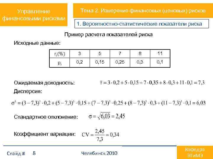 Управление финансовыми рисками Тема 2. Измерение финансовых (ценовых) рисков 1. Вероятностно-статистические показатели риска Пример