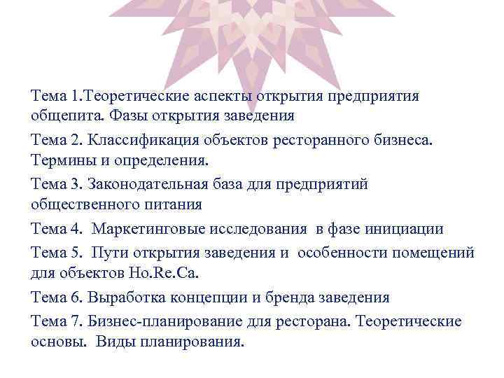 Тема 1. Теоретические аспекты открытия предприятия общепита. Фазы открытия заведения Тема 2. Классификация объектов