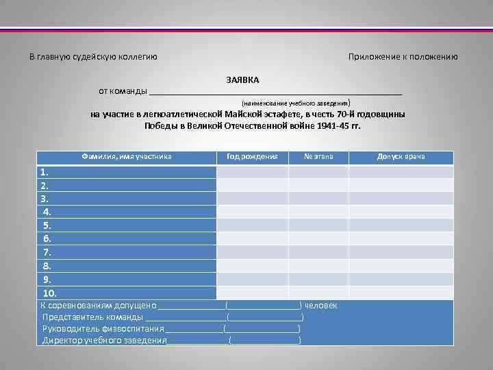 В главную судейскую коллегию Приложение к положению ЗАЯВКА от команды ___________________________ (наименование учебного заведения)
