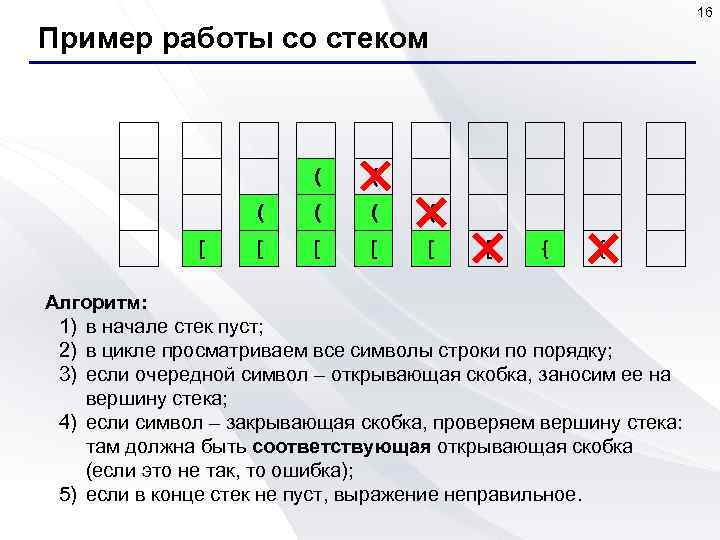 16 Пример работы со стеком [ ( ( [ ( [ [ { {