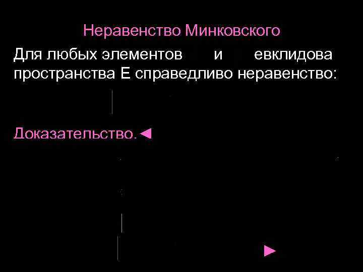 Неравенство Минковского Для любых элементов и евклидова пространства E справедливо неравенство: Доказательство. ◄ ►