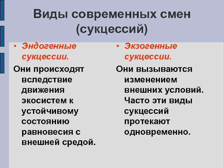 Виды современных смен (сукцессий) • Эндогенные сукцессии. Они происходят вследствие движения экосистем к устойчивому