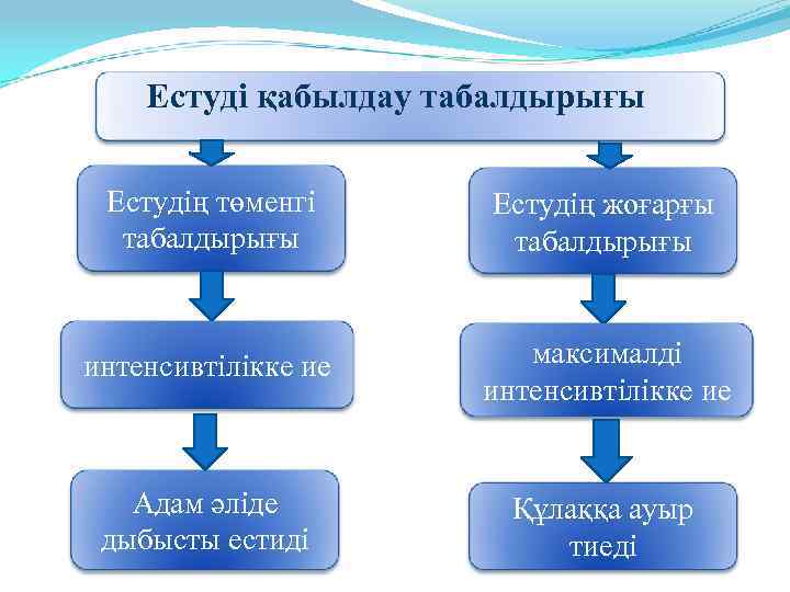 Естуді қабылдау табалдырығы Естудің төменгі табалдырығы Естудің жоғарғы табалдырығы интенсивтілікке ие максималді интенсивтілікке ие