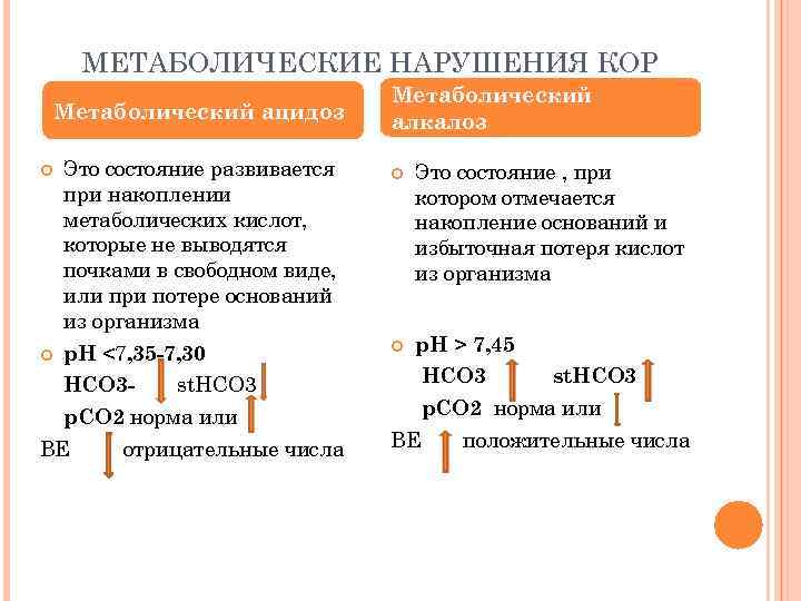 МЕТАБОЛИЧЕСКИЕ НАРУШЕНИЯ КОР Метаболический ацидоз Это состояние развивается при накоплении метаболических кислот, которые не