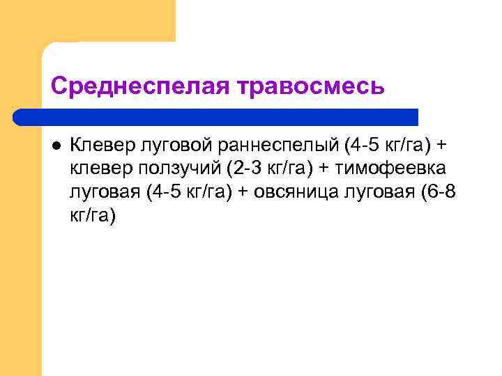 Среднеспелая травосмесь l Клевер луговой раннеспелый (4 -5 кг/га) + клевер ползучий (2 -3