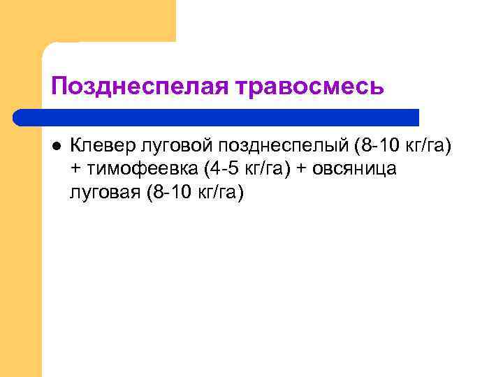 Позднеспелая травосмесь l Клевер луговой позднеспелый (8 -10 кг/га) + тимофеевка (4 -5 кг/га)