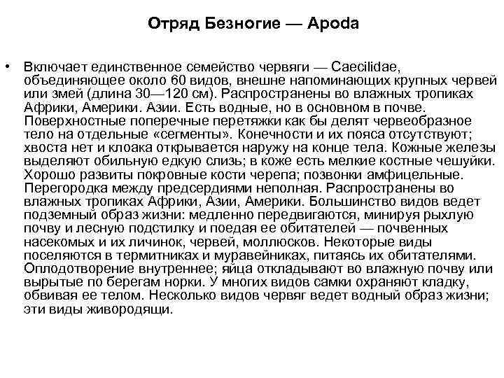 Отряд Безногие — Apoda • Включает единственное семейство червяги — Caecilidae, объединяющее около 60