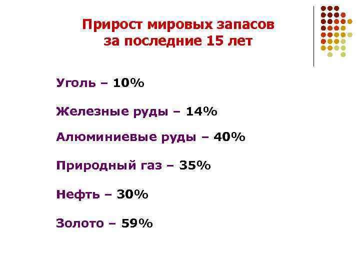 Прирост мировых запасов за последние 15 лет Уголь – 10% Железные руды – 14%