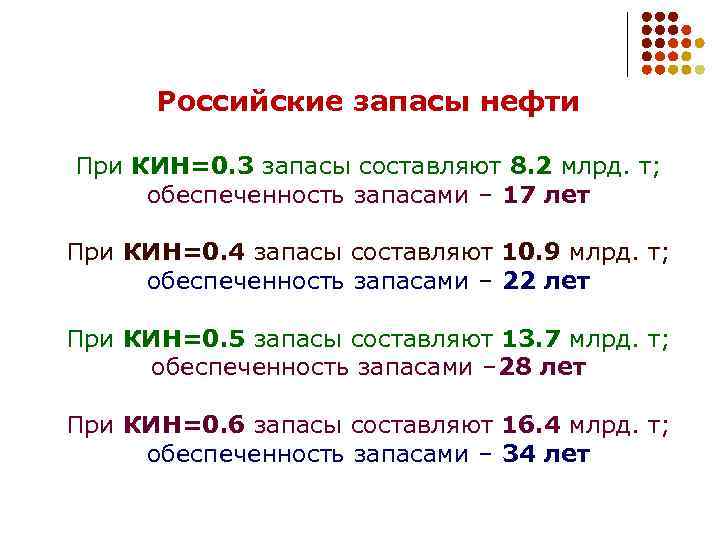 Российские запасы нефти При КИН=0. 3 запасы составляют 8. 2 млрд. т; обеспеченность запасами