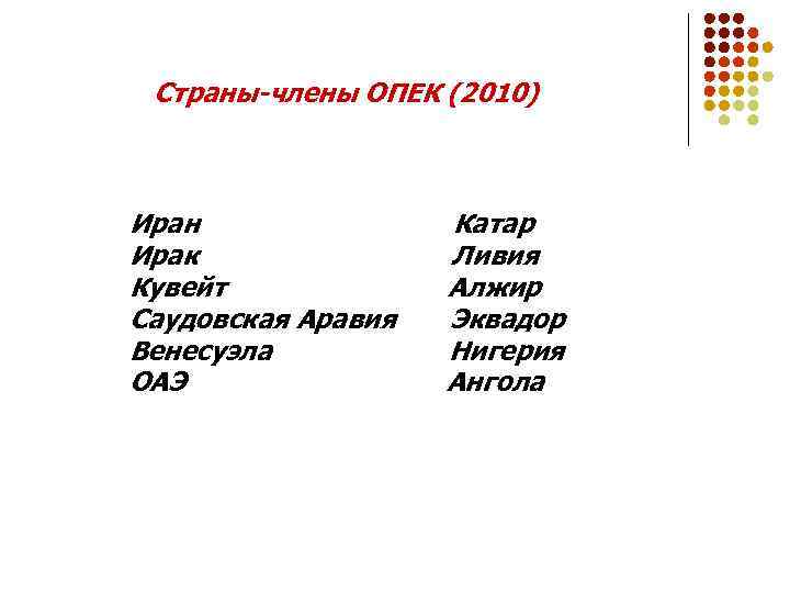 Страны-члены ОПЕК (2010) Иран Ирак Кувейт Саудовская Аравия Венесуэла ОАЭ Катар Ливия Алжир Эквадор