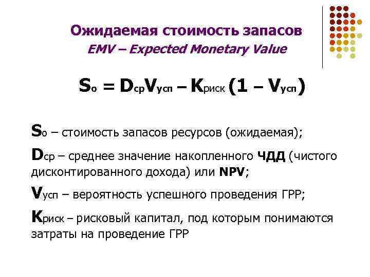 Ожидаемая стоимость запасов EMV – Expected Monetary Value So = Dcp. Vусп – Kриск