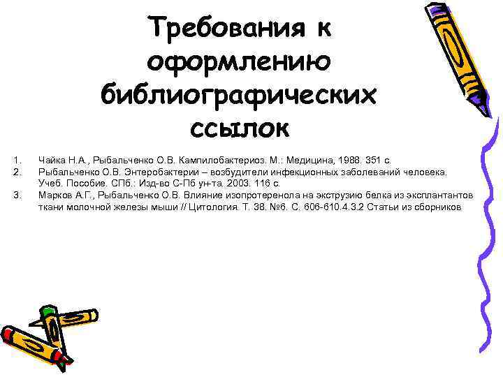 Требования к оформлению библиографических ссылок 1. 2. 3. Чайка Н. А. , Рыбальченко О.