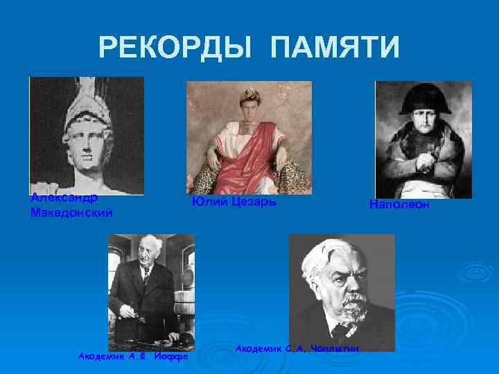 РЕКОРДЫ ПАМЯТИ Александр Македонский Академик А. Ф. Иоффе Юлий Цезарь Академик С. А. Чаплыгин