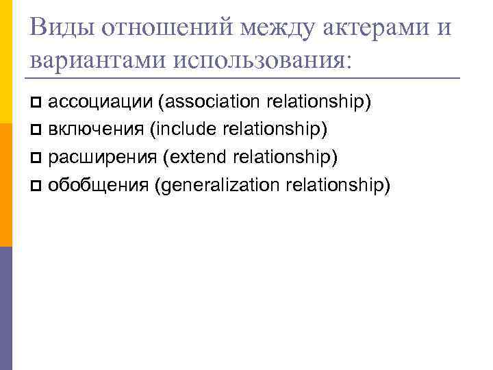 Виды отношений между актерами и вариантами использования: ассоциации (association relationship) включения (include relationship) расширения