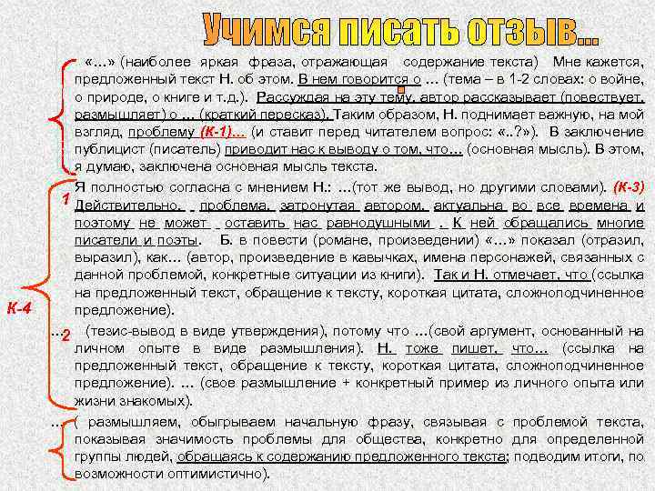 Учимся писать отзыв…. К-4 «…» (наиболее яркая фраза, отражающая содержание текста) Мне кажется, предложенный