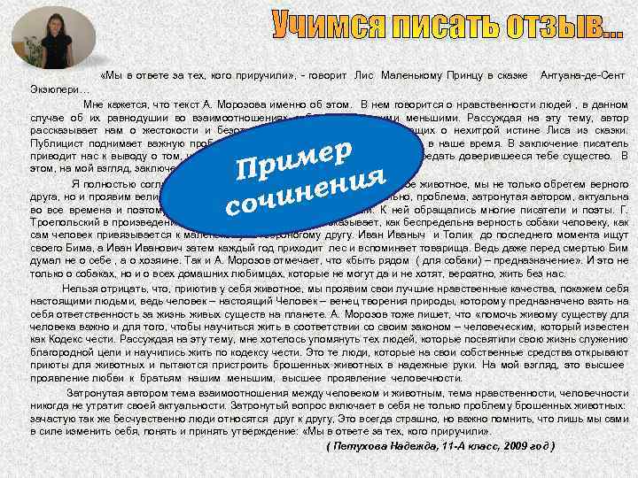Учимся писать отзыв… «Мы в ответе за тех, кого приручили» , - говорит Лис