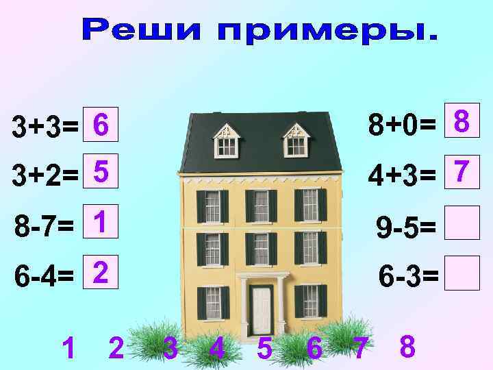 3+3= 6 3+2= 5 8+0= 8 8 -7= 1 9 -5= 6 -4= 2