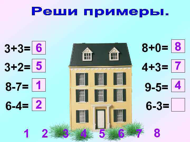 3+3= 6 3+2= 5 8+0= 8 8 -7= 1 9 -5= 4 6 -4=