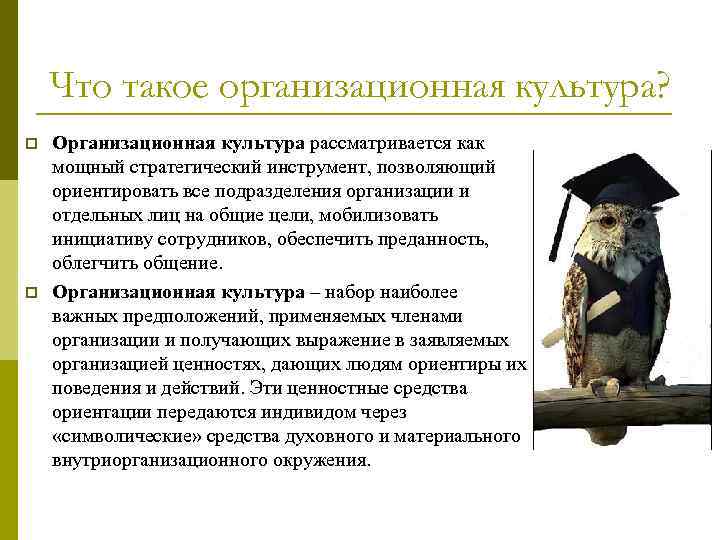Что такое организационная культура? p p Организационная культура рассматривается как мощный стратегический инструмент, позволяющий