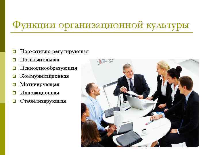Функции организационной культуры p p p p Нормативно-регулирующая Познавательная Ценностнообразующая Коммуникационная Мотивирующая Инновационная Стабилизирующая