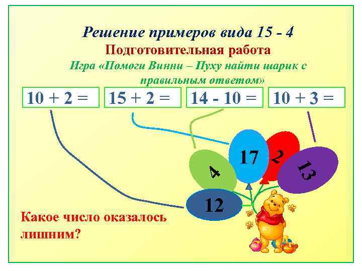 Решение примеров вида 15 - 4 Подготовительная работа Игра «Помоги Винни – Пуху найти