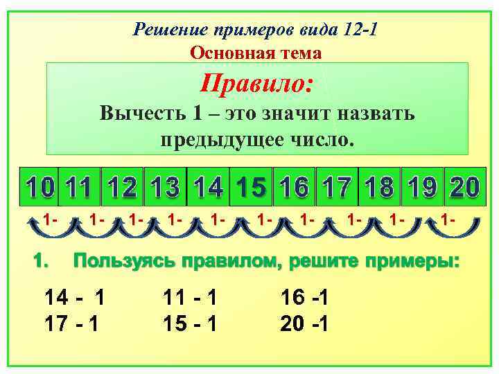 Решение примеров вида 12 -1 Основная тема Правило: Вычесть 1 – это значит назвать