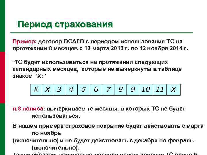 Период страхования Пример: договор ОСАГО с периодом использования ТС на протяжении 8 месяцев с