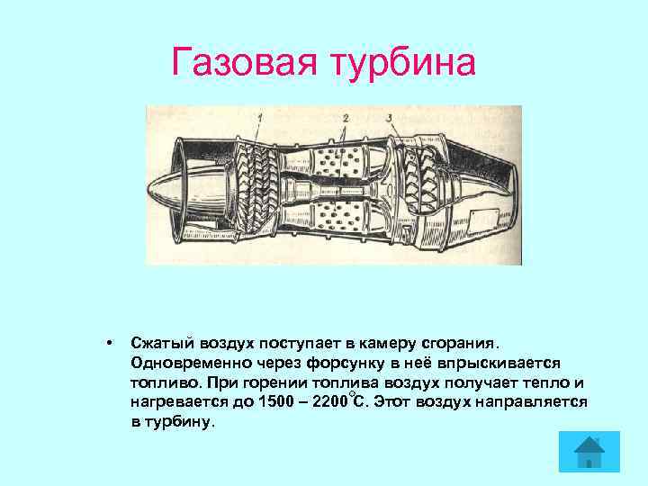 Газовая турбина • Сжатый воздух поступает в камеру сгорания. Одновременно через форсунку в неё