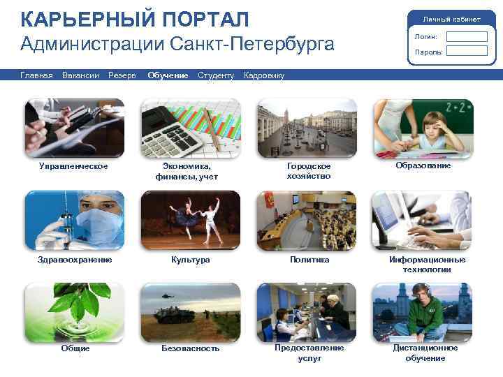 КАРЬЕРНЫЙ ПОРТАЛ Личный кабинет Администрации Санкт-Петербурга Главная Вакансии Резерв Управленческое Обучение Студенту Экономика, финансы,