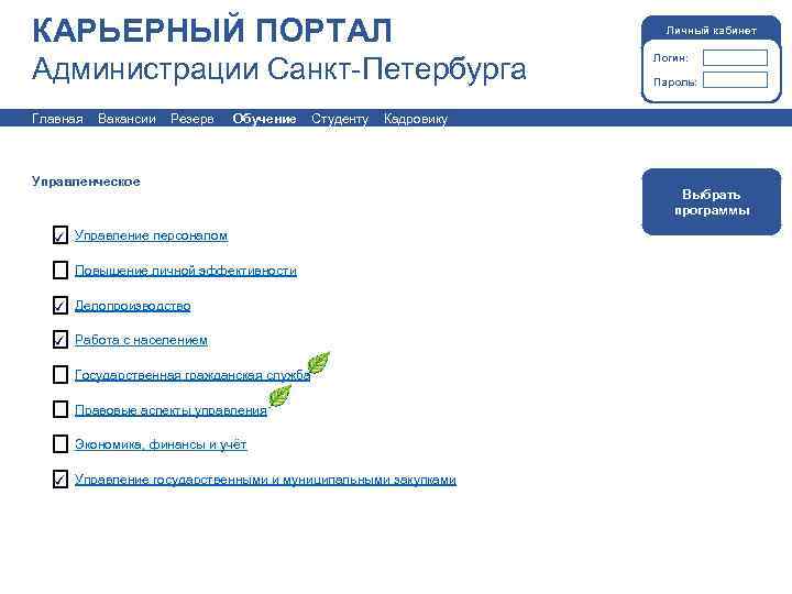 КАРЬЕРНЫЙ ПОРТАЛ Администрации Санкт-Петербурга Главная Вакансии Резерв Обучение Студенту Личный кабинет Логин: Пароль: Кадровику