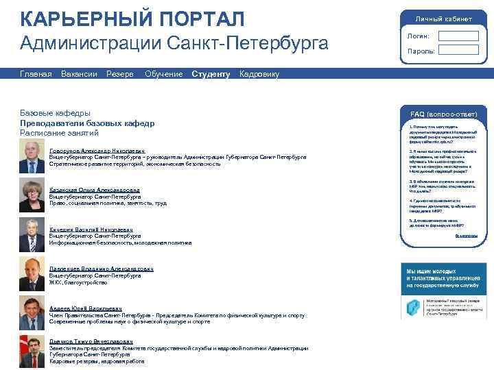 КАРЬЕРНЫЙ ПОРТАЛ Администрации Санкт-Петербурга Главная Вакансии Резерв Обучение Студенту Личный кабинет Логин: Пароль: Кадровику