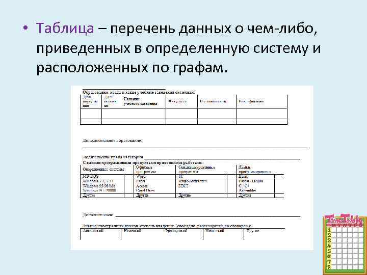  • Таблица – перечень данных о чем-либо, приведенных в определенную систему и расположенных