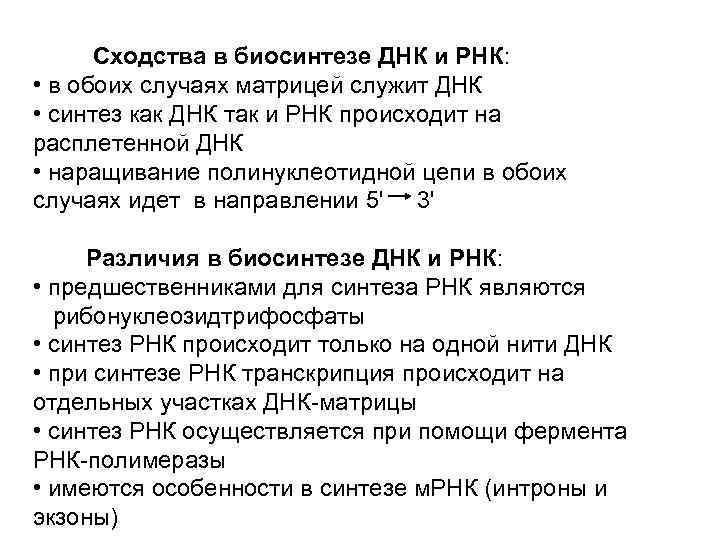 Сходства в биосинтезе ДНК и РНК: • в обоих случаях матрицей служит ДНК •