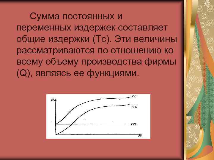 Сумма постоянных и переменных издержек составляет общие издержки (Тс). Эти величины рассматриваются по отношению