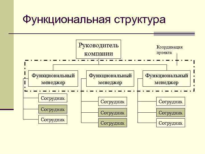 Функциональная структура Руководитель компании Функциональный менеджер Сотрудник Функциональный менеджер Координация проекта Функциональный менеджер Сотрудник