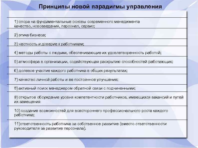 Принципы новой парадигмы управления 1) опора на фундаментальные основы современного менеджмента качество, нововведения, персонал,