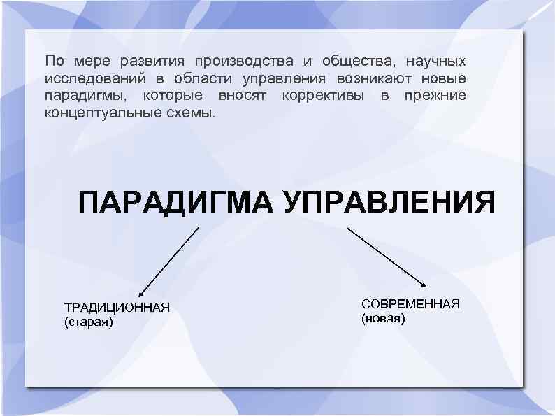 По мере развития производства и общества, научных исследований в области управления возникают новые парадигмы,