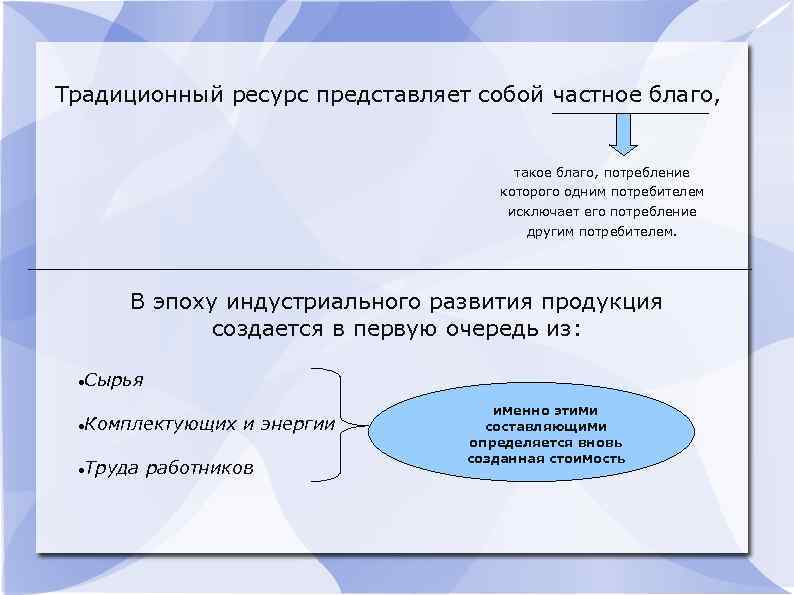 Традиционный ресурс представляет собой частное благо, такое благо, потребление которого одним потребителем исключает его