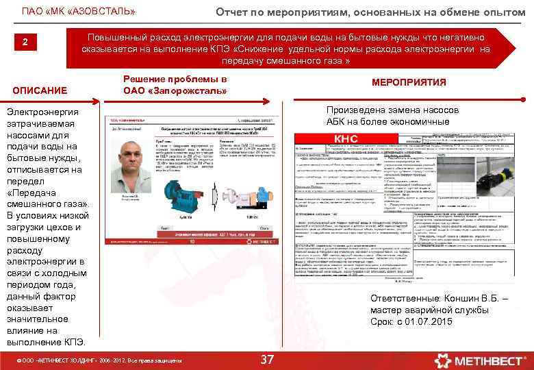 ПАО «МК «АЗОВСТАЛЬ» 2 Отчет по мероприятиям, основанных на обмене опытом Повышенный расход электроэнергии